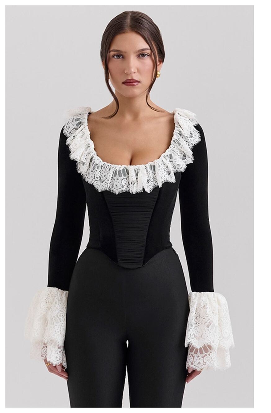NEW HOUSE OF CB Jacinda Black Velvet Lace Trimmed Corset Top Size Medium - Picture 12 of 12